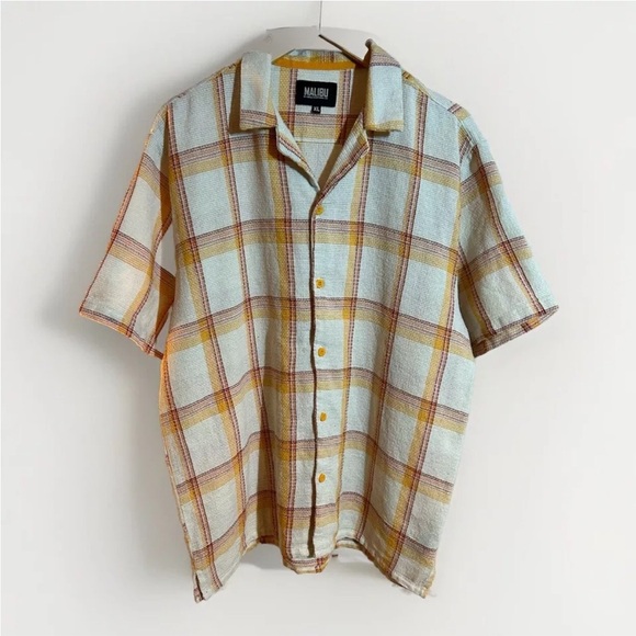 Malibu By Drill Cotton Blend Hawaiian Shirt Men's Size XL Plaid Check Breathable - Picture 1 of 13